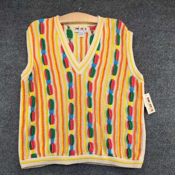 Women's Sweater Clothes L/XL Sleeveless Multicolor Cable Knit Striped W/Tags - Picture 2 of 12